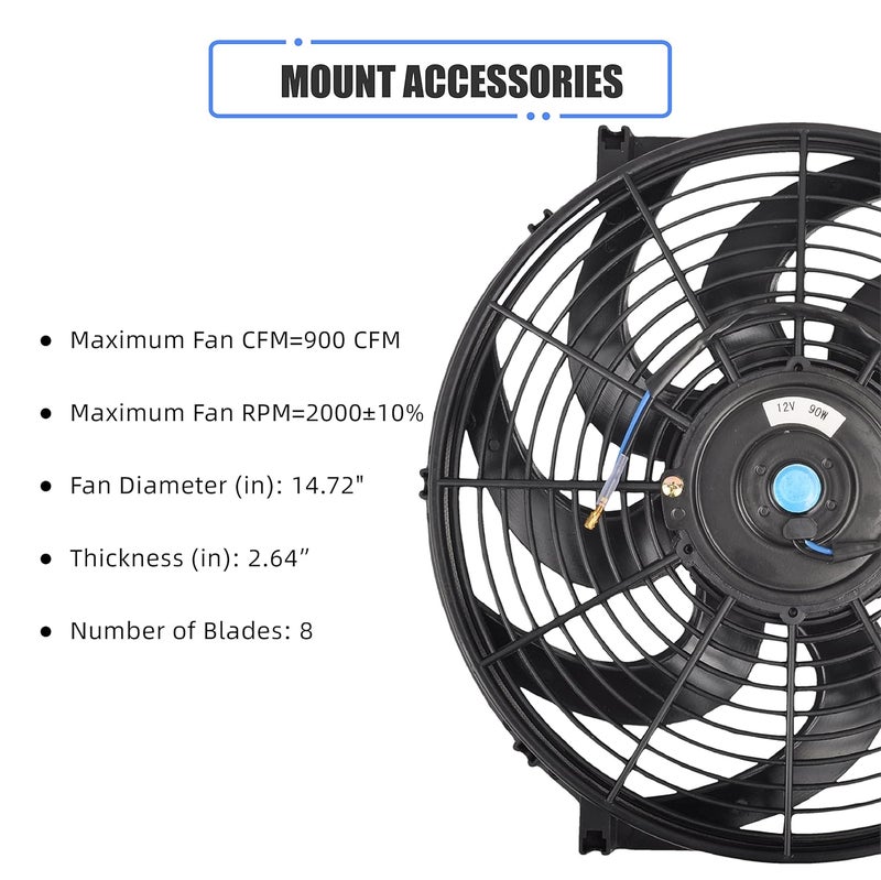 GESEXI 14 Inch Slim Fan Push Pull Electric Radiator Cooling Fan Universal High Performance 12V 90W Motor with Fan Mounting Kit (Black) - Image 2